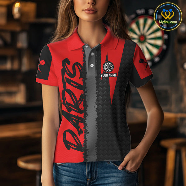 Custom Black And Red Dart Jerseys. Red Dart Team Polo Shirts For Women NYN0326
