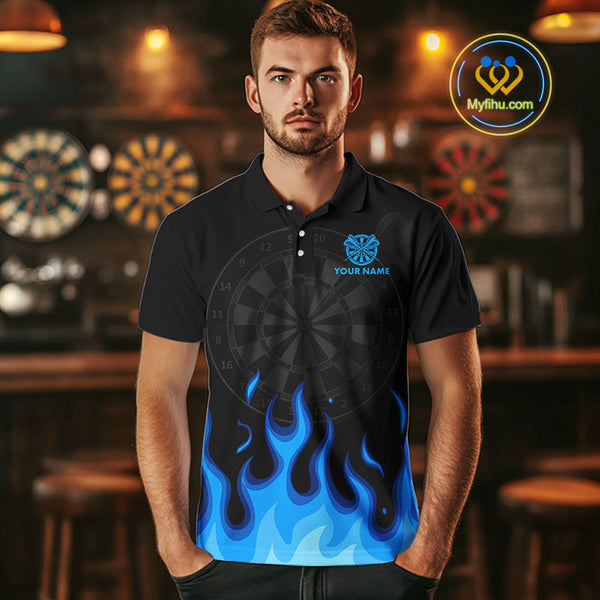 Custom Black And Blue Flame Skull Dart Team Polo Shirt For Men, Halloween Dart Shirt NYN0597