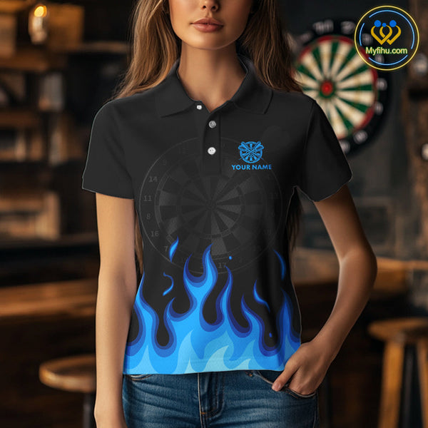 Custom Black And Blue Flame Skull Dart Team Polo Shirt For Women, Halloween Dart Shirt NYN0597