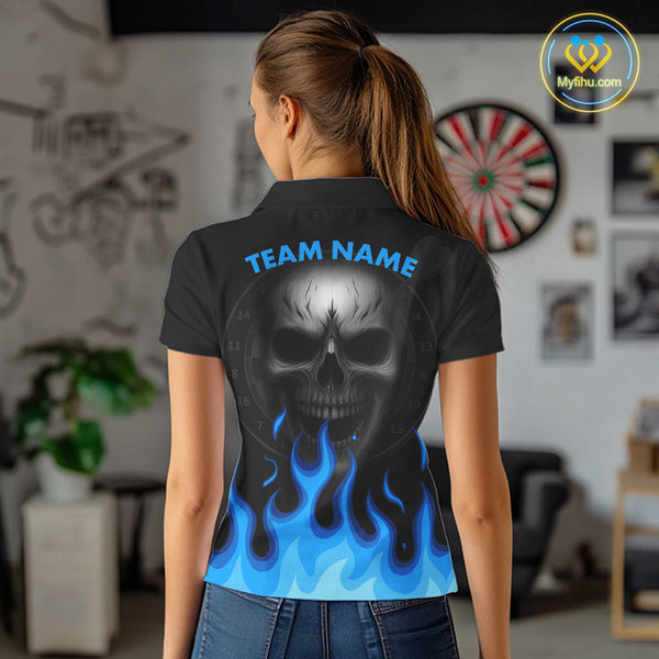 Custom Black And Blue Flame Skull Dart Team Polo Shirt For Women, Halloween Dart Shirt NYN0597