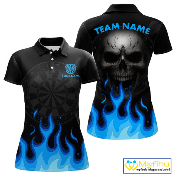 Custom Black And Blue Flame Skull Dart Team Polo Shirt For Women, Halloween Dart Shirt NYN0597