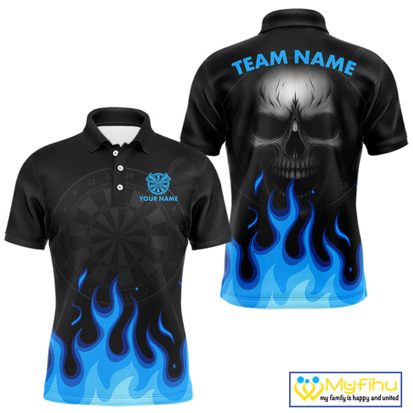 Custom Black And Blue Flame Skull Dart Team Polo Shirt For Men, Halloween Dart Shirt NYN0597