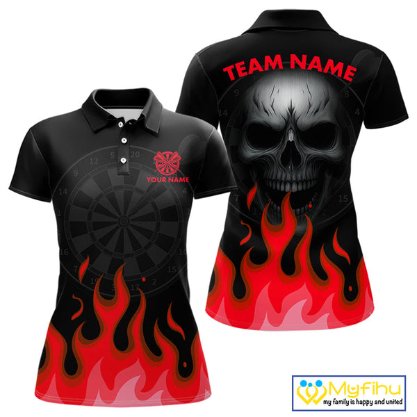 Custom Black And Red Flame Skull Dart Team Polo Shirt For Women, Halloween Dart Shirt NYN0598