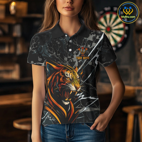 Custom Black And Gray Camo Tiger Dart Team Women Polo Shirts, Dart Jerseys NYN0334