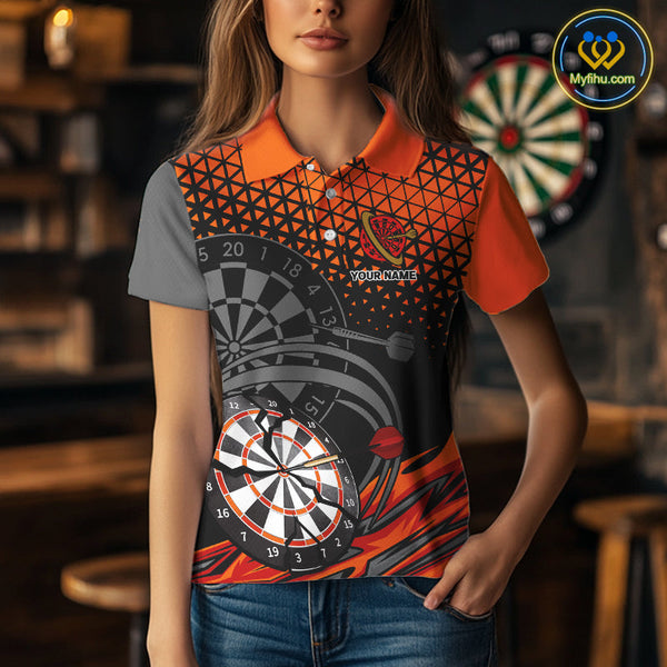 Custom Black And Orange Dart Jerseys, Dart Team Uniform Polo Shirts For Women NYN0338