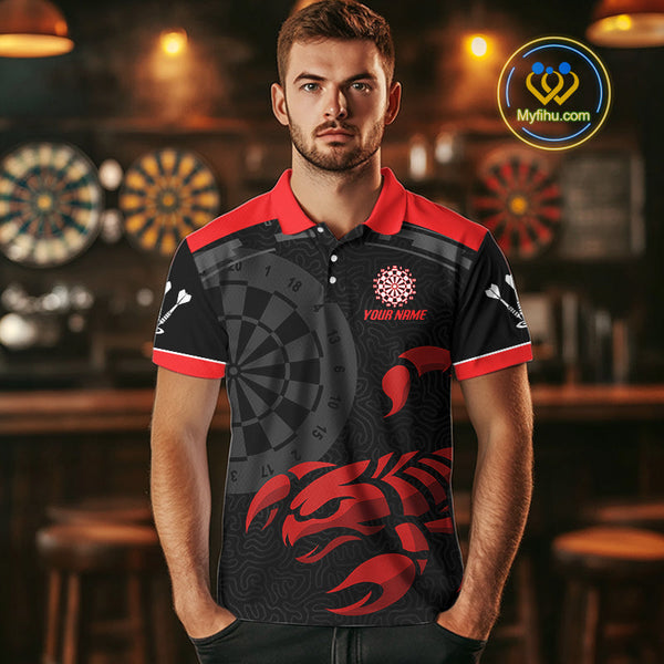 Custom Black And Red Scorpion Dart Team Jerseys, Scorpion Dart Polo Shirts For Men NYN0346