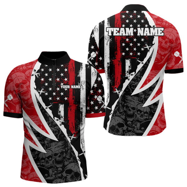 Custom Grunge Red Thin Line American Flag Patriotic Dart Men Quarter-Zip Shirt, Skull Dart Jerseys NYN0024