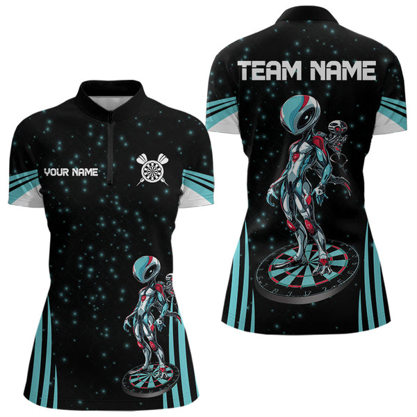 Custom Black And Blue Alien Darts Team Women Quarter-Zip Shirt, Dartboard Pattern Shirt NYN0027