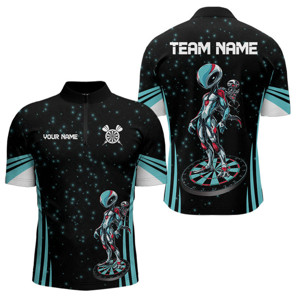 Custom Black And Blue Alien Darts Team Quarter-Zip Shirts For Men, Dartboard Pattern Shirt NYN0027