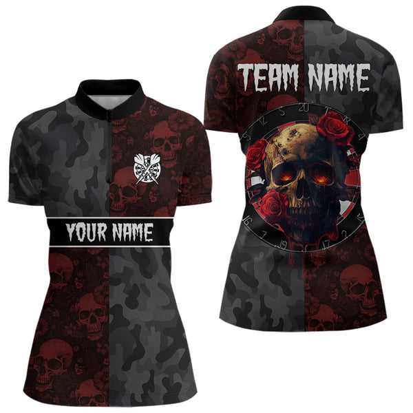 Custom Black And Red Camo Skull And Roses Dart Women Quarter-Zip Shirt, Dart Team Jerseys NYN0028