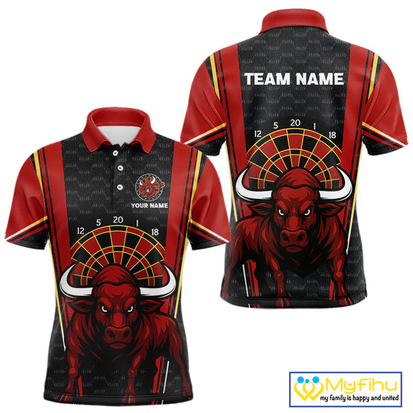 Custom Black And Red Bullseye Bull Dart Polo Shirts For Men, Dart Team League Shirt NYN0359