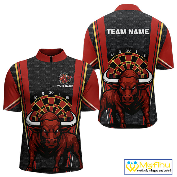 Custom Black And Red Bullseye Bull Dart Quarter-Zip Shirts For Men, Dart Team League Shirt NYN0359