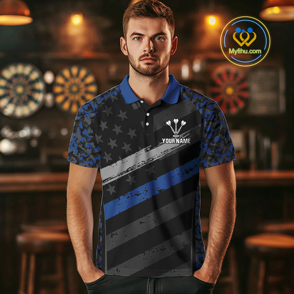 Custom Black And Blue Camo US Flag Patriotic Dart Team Men Polo Shirts With Name NYN0360
