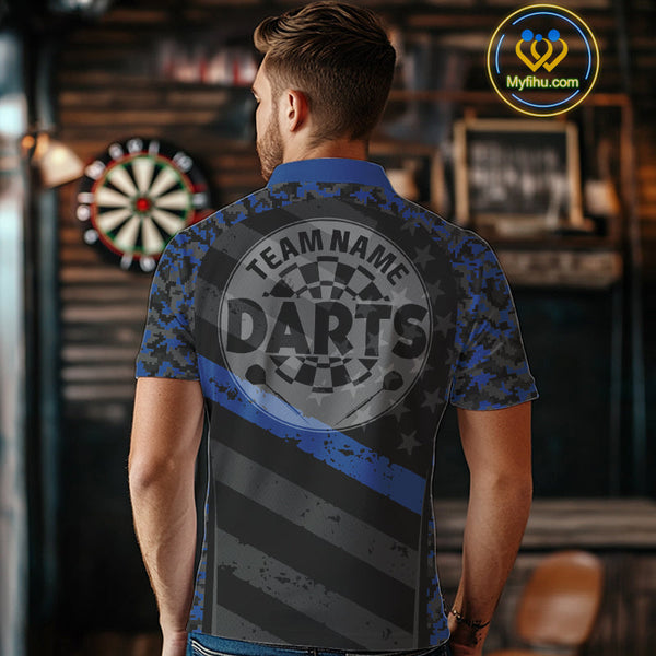 Custom Black And Blue Camo US Flag Patriotic Dart Team Men Polo Shirts With Name NYN0360