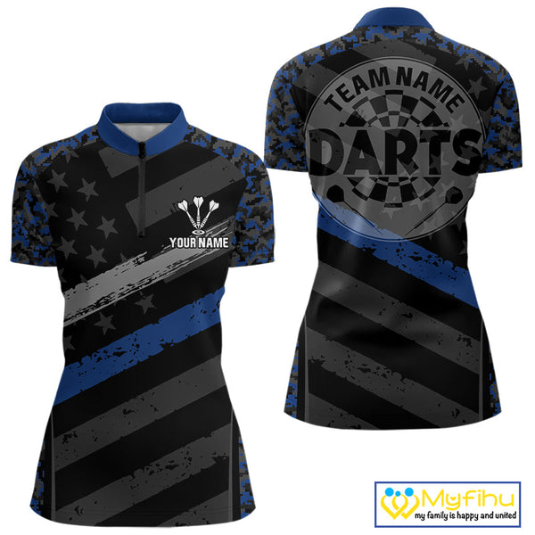 Custom Black And Blue Camo US Flag Patriotic Dart Team Women Quarter-Zip Shirts With Name NYN0360