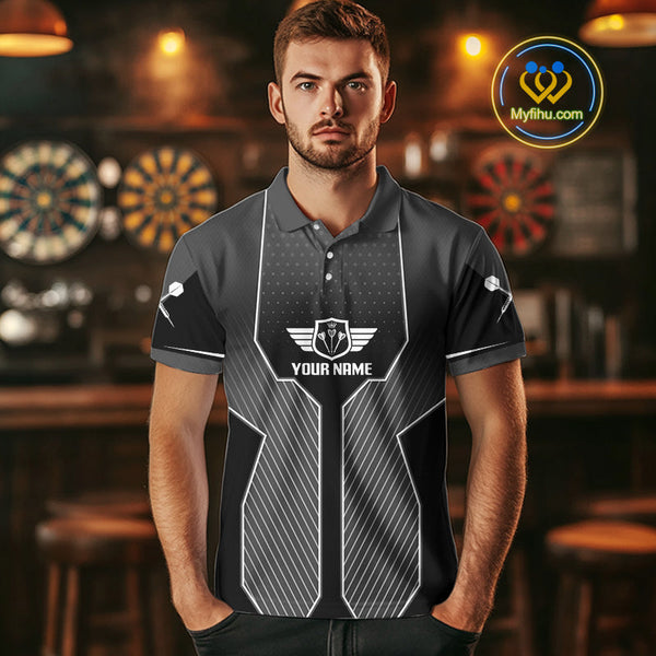 Custom Black And White Lion Team Dart Jerseys, Dart Men Polo Shirts With Name NYN0362