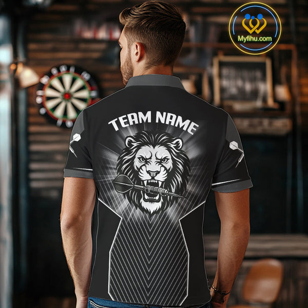 Custom Black And White Lion Team Dart Jerseys, Dart Men Polo Shirts With Name NYN0362