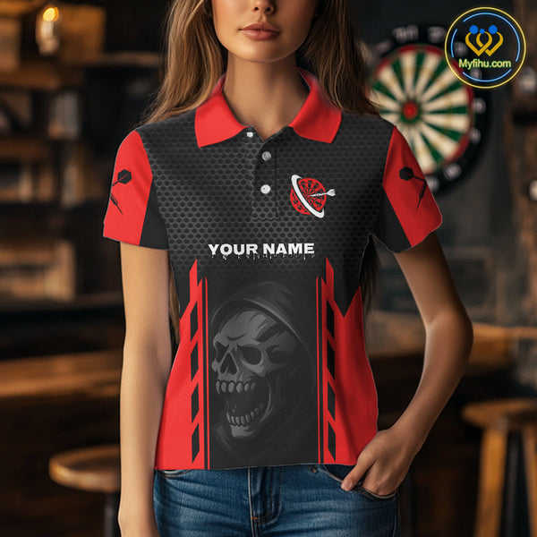 Custom Black And Red Skull Dart Polo Shirts For Women, Halloween Dart Team Outfit NYN0365