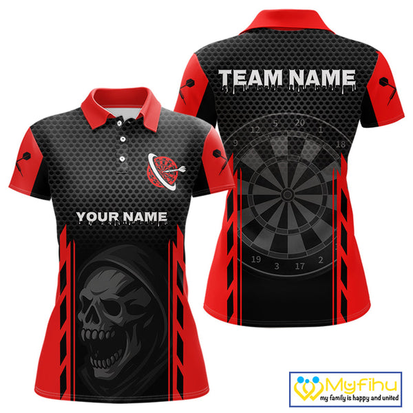 Custom Black And Red Skull Dart Polo Shirts For Women, Halloween Dart Team Outfit NYN0365