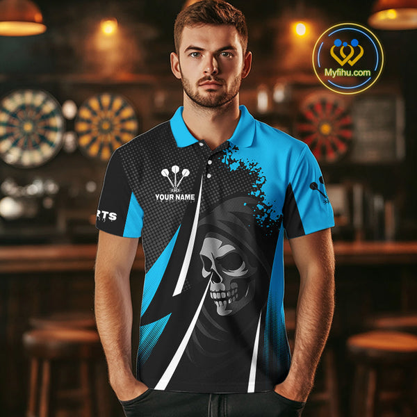 Custom Black And Blue Grim Reaper Dart Polo Shirts For Men, Halloween Team Dart Outfit NYN0367