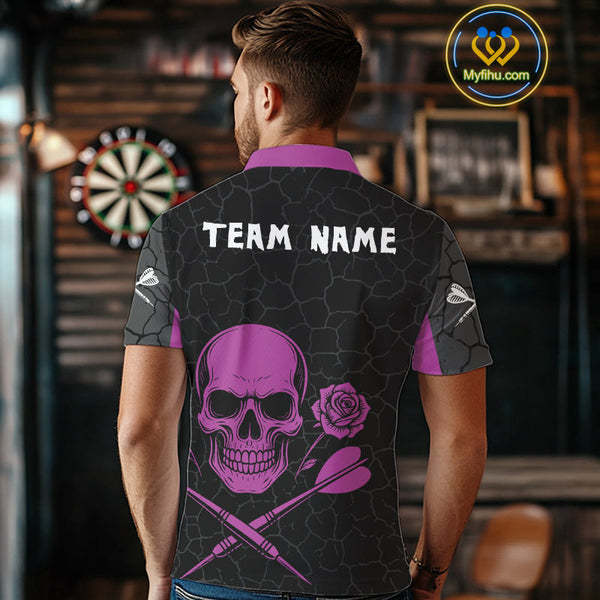 Custom Black And Purple Skull And Roses Dart Men Polo Shirt, Dart Team League Shirt NYN0375
