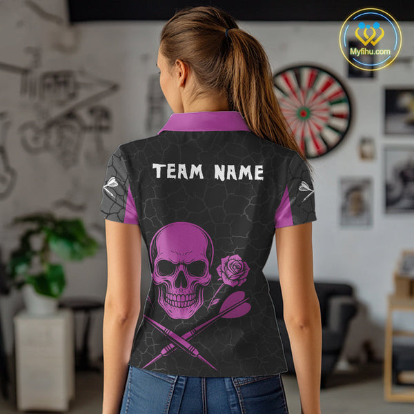 Custom Black And Purple Skull And Roses Dart Women Polo Shirt, Dart Team League Shirt NYN0375