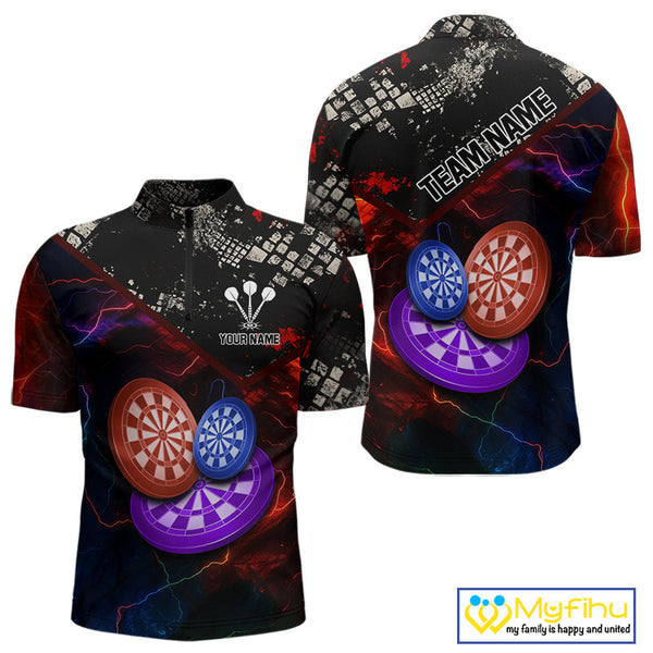 Custom Colorful Thunder Lightning Dartboard Dart Team Men Quarter-Zip Shirt, Dart League Shirt NYN0634