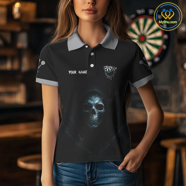 Custom Black And Blue Grim Reaper Skull Dart Team Women Polo Shirt, Halloween Dart Outfit NYN0380