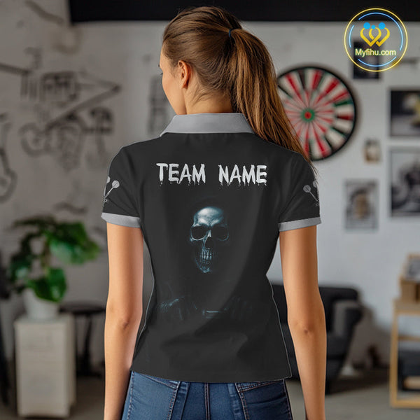 Custom Black And Blue Grim Reaper Skull Dart Team Women Polo Shirt, Halloween Dart Outfit NYN0380