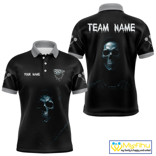 Custom Black And Blue Grim Reaper Skull Dart Team Men Polo Shirt, Halloween Dart Outfit NYN0380