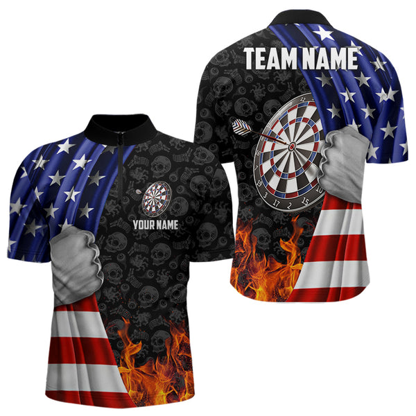 Custom Flame US Flag Patriotic Dart Quarter-Zip Shirts For Men, Dart Jerseys Dart League Shirt NYN0047
