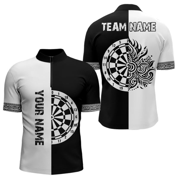 Custom Black And White Tribal Dart Team Quarter-Zip Shirts For Men, Dart Tournament Shirt NYN0048