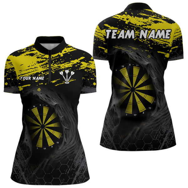Custom Black And Yellow Dart Team Quarter-Zip Shirts For Women, Dart Tournament Shirt NYN0049