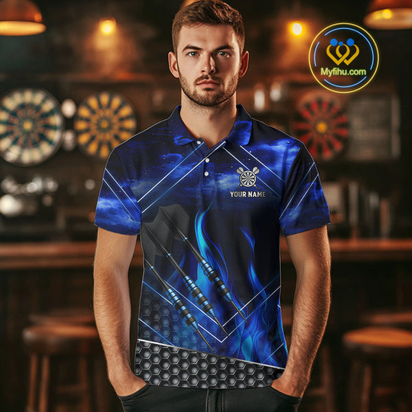 Custom Blue Fire Flame Dartboard Dart Team Polo Shirts For Men, Dart League Shirt NYN0668
