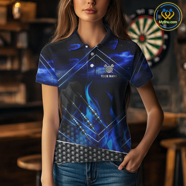 Custom Blue Fire Flame Dartboard Dart Team Polo Shirts For Women, Dart League Shirt NYN0668