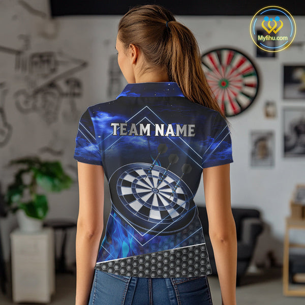 Custom Blue Fire Flame Dartboard Dart Team Polo Shirts For Women, Dart League Shirt NYN0668