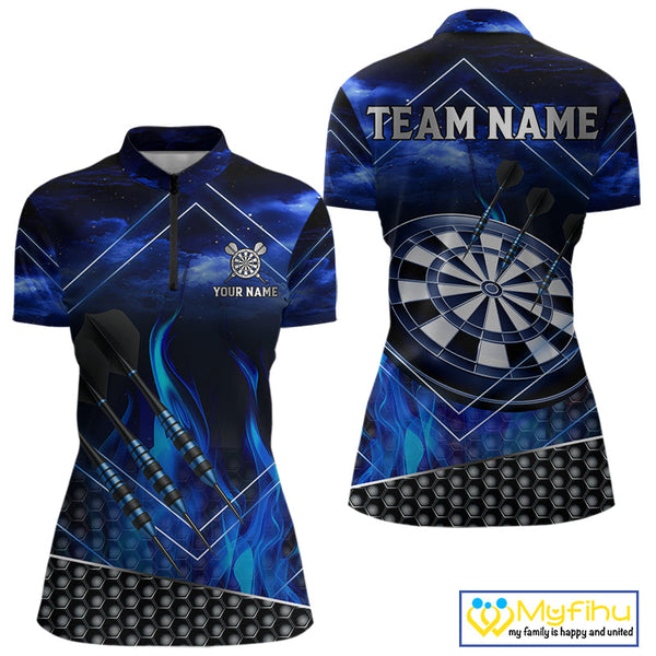 Custom Blue Fire Flame Dartboard Dart Team Quarter-Zip Shirts For Women, Dart League Shirt NYN0668