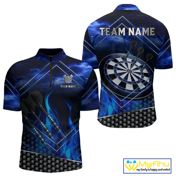 Custom Blue Fire Flame Dartboard Dart Team Quarter-Zip Shirts For Men, Dart League Shirt NYN0668