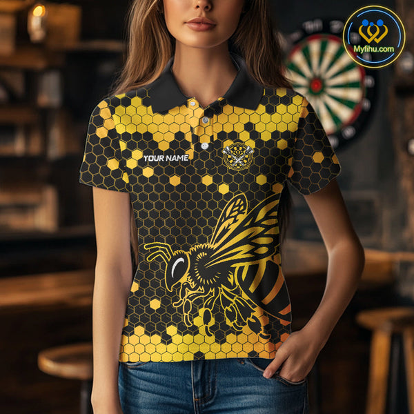 Custom Yellow Hexagon Pattern Bee Skull Dart Polo Shirts For Women, Halloween Dart Outfit NYN0053