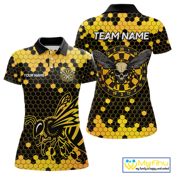 Custom Yellow Hexagon Pattern Bee Skull Dart Polo Shirts For Women, Halloween Dart Outfit NYN0053
