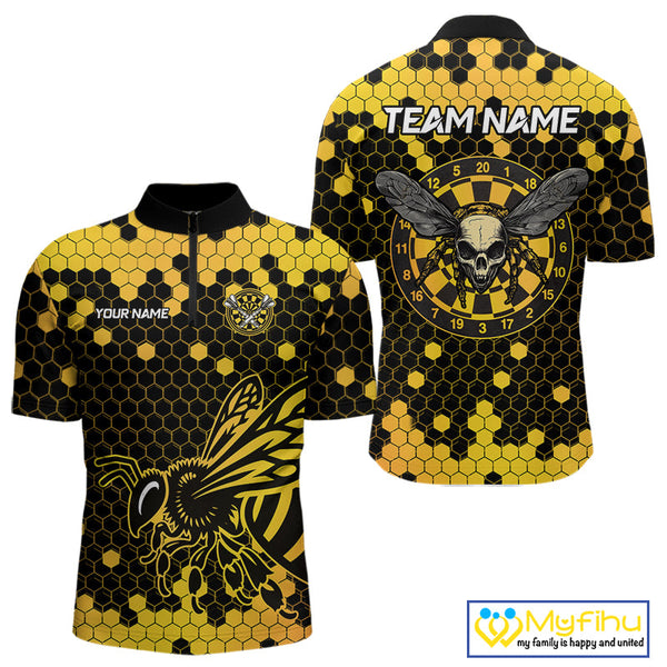 Custom Yellow Hexagon Pattern Bee Skull Dart Quarter-Zip Shirts For Men, Halloween Dart Outfit NYN0053