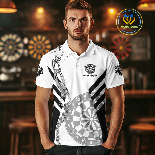 Custom Black And White Silver Chain Dart Team Polo Shirts For Men, Dart League Shirt NYN0054
