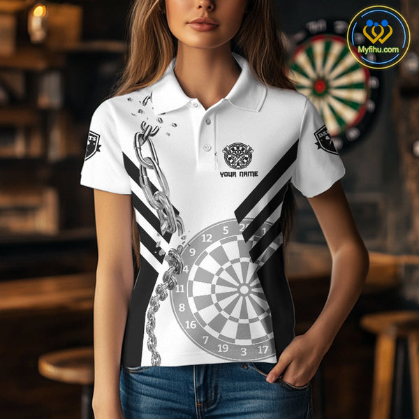 Custom Black And White Silver Chain Dart Team Polo Shirts For Women, Dart League Shirt NYN0054