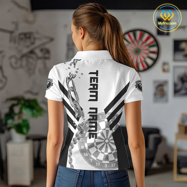 Custom Black And White Silver Chain Dart Team Polo Shirts For Women, Dart League Shirt NYN0054