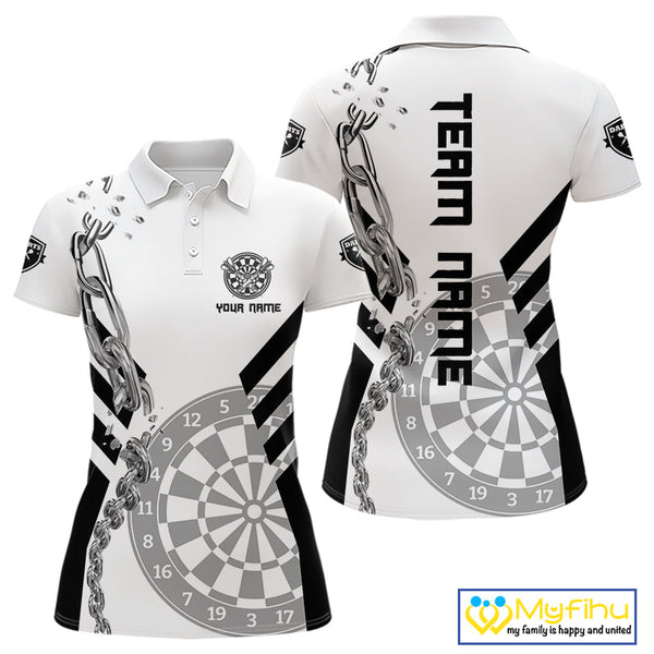 Custom Black And White Silver Chain Dart Team Polo Shirts For Women, Dart League Shirt NYN0054