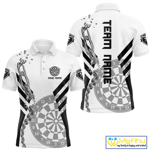 Custom Black And White Silver Chain Dart Team Polo Shirts For Men, Dart League Shirt NYN0054