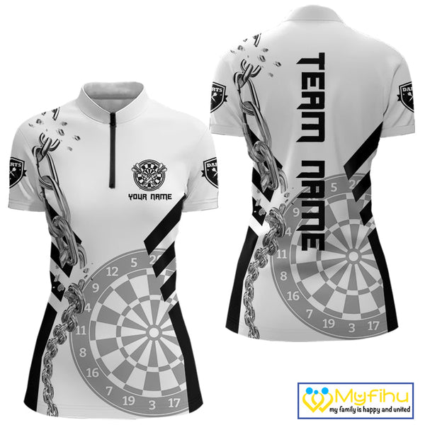 Custom Black And White Silver Chain Dart Team Women Quarter-Zip Shirts, Dart League Shirt NYN0054