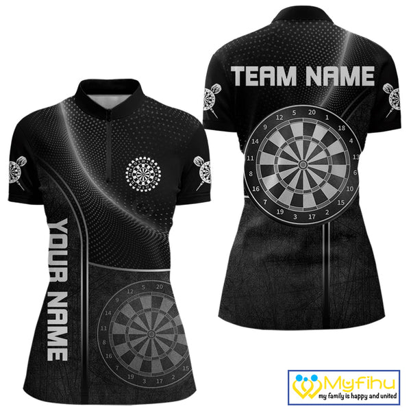 Custom Black And White Dartboard Darts Team Women Quarter-Zip Shirt, Dart Tournament Shirt NYN0057