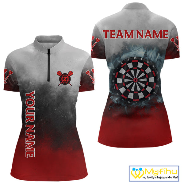 Custom Black, Gray And Red Smoke Darts Quarter-Zip Shirts For Women, Flame Dart Shirt NYN0060