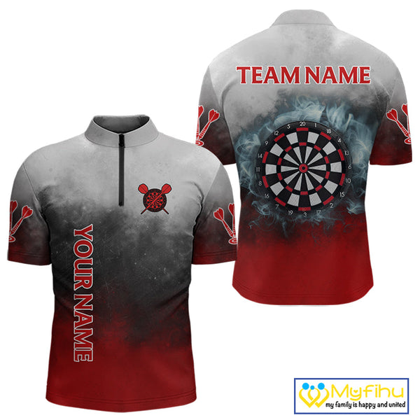 Custom Black, Gray And Red Smoke Darts Quarter-Zip Shirts For Men, Flame Dart Shirt NYN0060
